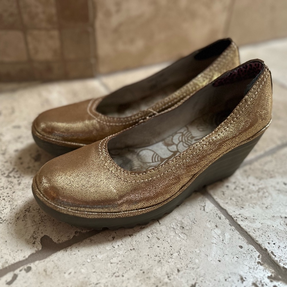 Fly London gold wedge shoes, GUC, size 41/10